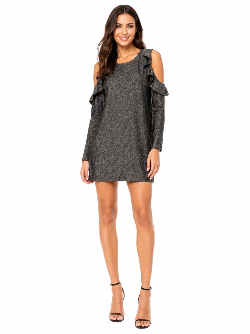 JOA Ruffle Cold Shoulder Glitter Metallic Sparkle Ruffle Stretch Dress